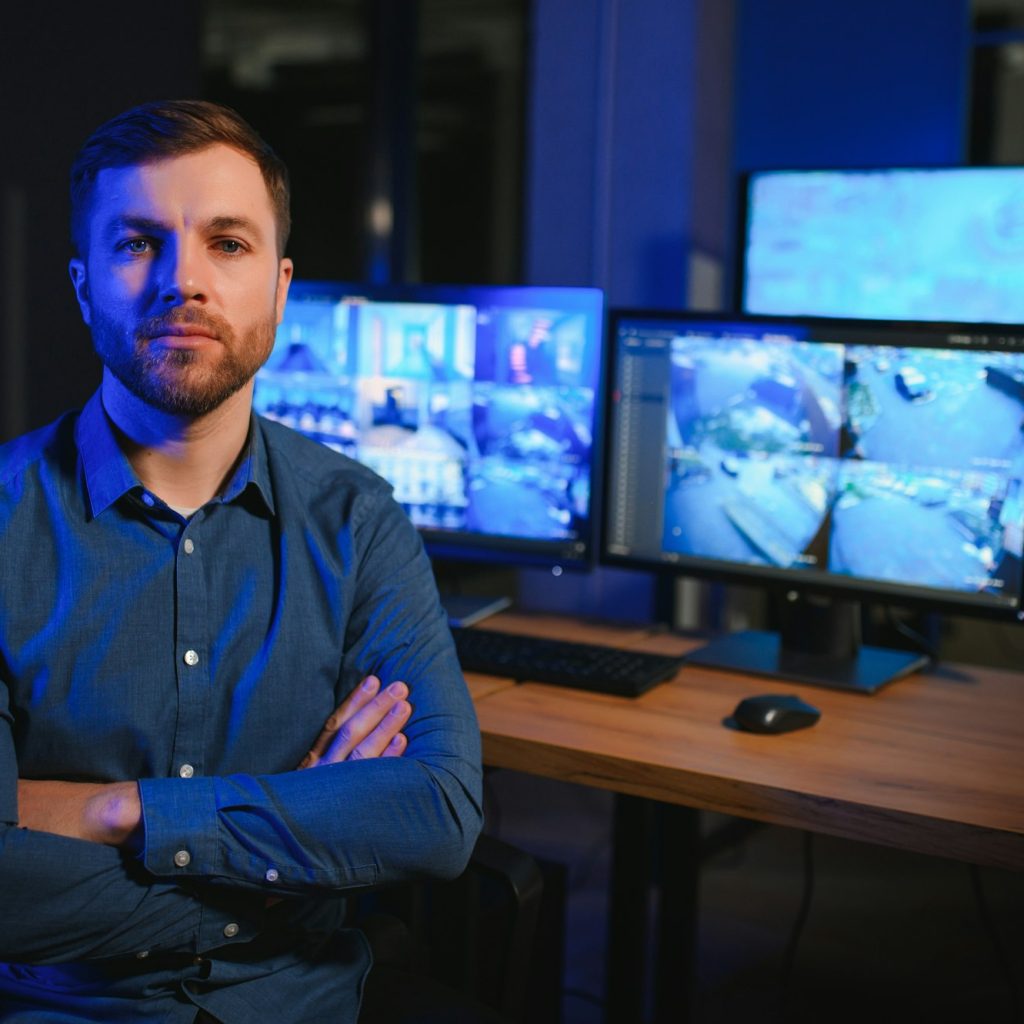 Male security guard monitoring modern CCTV cameras indoors